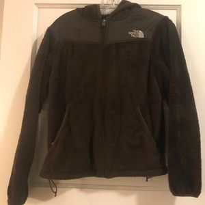 Brown hooded northface zip up jacket